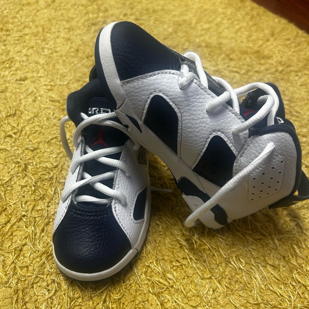 Jordan 6s. Navy blue , white and red.